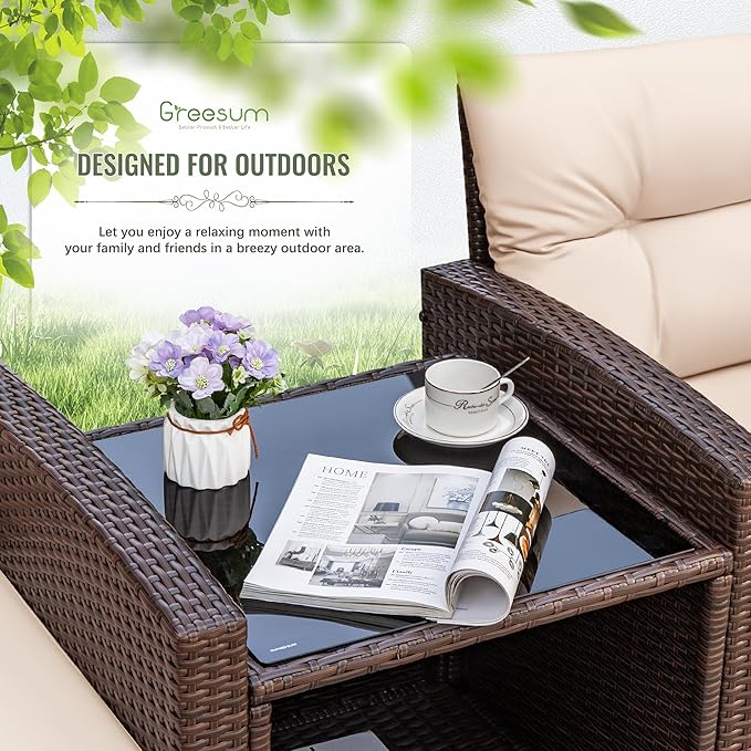 Greesum 3 Pieces Patio Furniture Sets Outdoor PE Rattan Wicker Chairs with Soft Cushion and Glass Coffee Table for Garden Backyard Porch Poolside, Beige