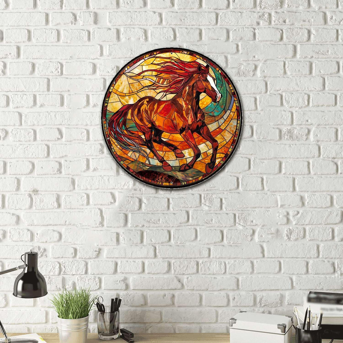 Lygond Metal Sign Tin Sign Circular Stained Glass American Mustang Garden Tin Sign for Gift 8×8 Inches