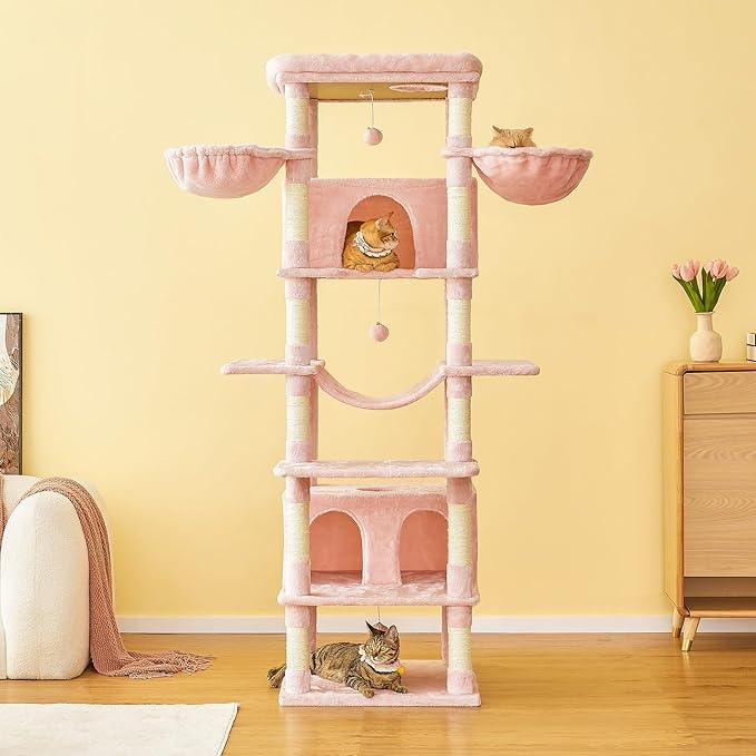 MWPO Pink Extra Large Cat Tree, 77.6-Inch Tall Cat Tower for Indoor Cats with 2 Condos, Multi-Level Cat Stand for Large Cats, 3 Hammocks, Wide Perch, Scratching Posts, Dangling Toys
