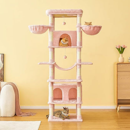 MWPO Pink Extra Large Cat Tree, 77.6-Inch Tall Cat Tower for Indoor Cats with 2 Condos, Multi-Level Cat Stand for Large Cats, 3 Hammocks, Wide Perch, Scratching Posts, Dangling Toys