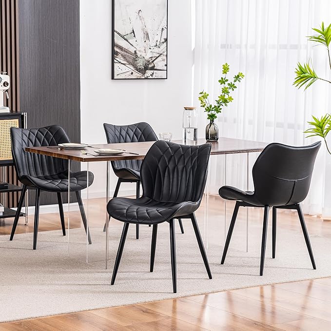 Kidol & Shellder Black Dining Chairs Set of 2 Modern Kitchen Chairs with Back Armless Accent Chairs for Living Room Upholstered Faux Leather Chair Mid Century Comfy Side Chair with Metal Legs