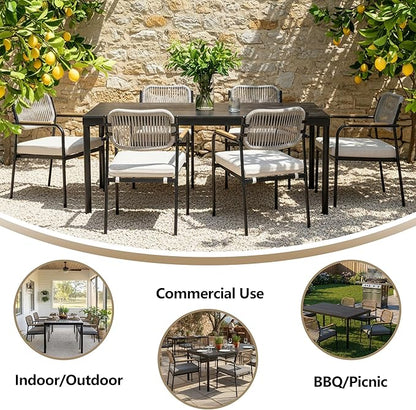 Outdoor Dining Chairs Set of 6, Wicker Patio Dining Chairs with Removable Cushions, Rectangle Patio Table Chair, All Weather Outdoor Chairs, Metal Lawn Chair for Adults/Indoor/Deck, Beige
