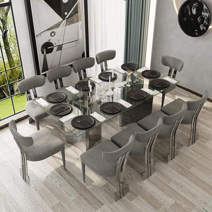 Asday 78" Glass Dining Table, Silver Dining Room Table with Double Pedestal Mirrored Stainless Steel Base, Large Modern Rectangular Kitchen Table for 6-8