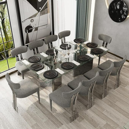 Asday 78" Glass Dining Table, Silver Dining Room Table with Double Pedestal Mirrored Stainless Steel Base, Large Modern Rectangular Kitchen Table for 6-8