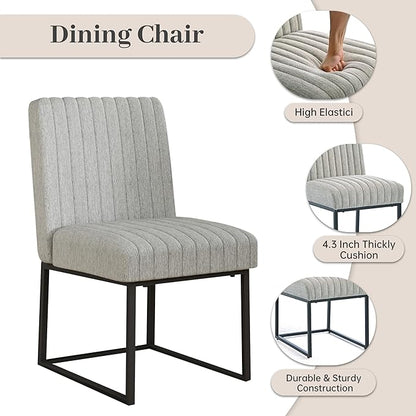 VKNOW Upholstered Dining Chairs Set of 6, Modern Dining Room Chairs with Stripe, Linen Kitchen Chair Dinner Chair with Black Metal Base for Kitchen Office, Light Grey