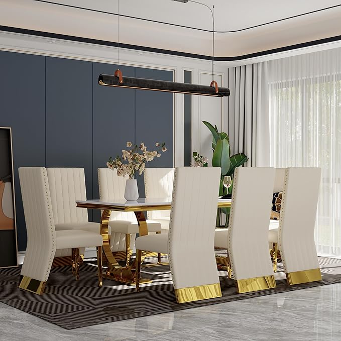 Dining Chairs, White Faux Leather Upholstered Dining Chair with Nailhead Trims, Gold Dining Room Chairs Set of 8