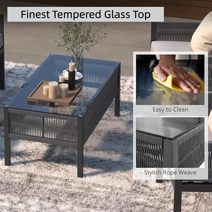 4-Piece Rope Outdoor Furniture Set, Patio Conversation Set with Tempered Glass Table, Rope-Woven Furniture Set with Deep Seat Design for Backyards, Gardens, Balconies, Grey