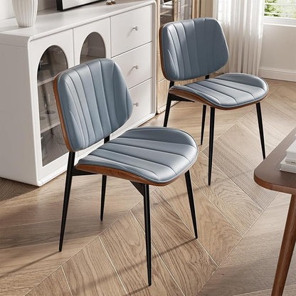 Dining Chairs Set of 2, Mid Century Modern Dining Room Chair, Upholstered Faux Leather Kitchen Chairs with Walnut Bentwood Back and Metal Legs for Kitchen Dining Room Living Room, Blue
