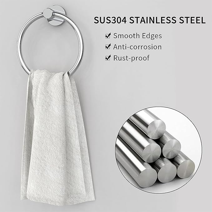 Chrome Hand Towel Holder for Bathroom (2 Pack) Kitchen Towel Ring Modern Rounded Base Wall Mount SUS304 Stainless Steel