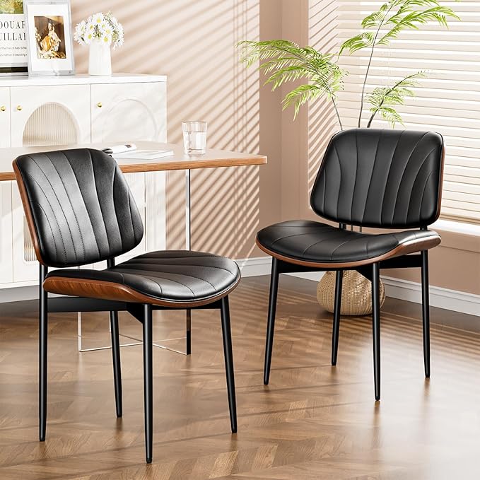 Dining Chairs Set of 2, Dining Room and Kitchen Chairs, FSC Certified Mid Century Modern Accent Chair, Upholstered PU Leather Chairs for Vanity with Walnut Bentwood and Metal Legs, Black