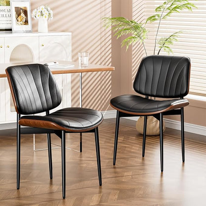 Dining Chairs Set of 8, Dining Room and Kitchen Chairs, FSC Certified Mid Century Modern Accent Chair, Upholstered PU Leather Chairs for Vanity with Walnut Bentwood and Metal Legs, Black