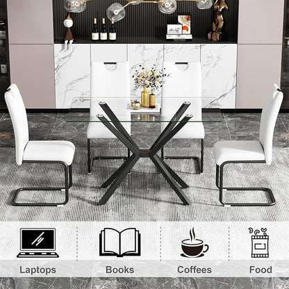 47'' Modern Glass Dining Table for 2-4 People, Rectangular Dining Room Table with Black Metal Legs, Clear Tempered Glass Top Dining Table for 4, Cpmpact Dinner Kitchen Table for 4