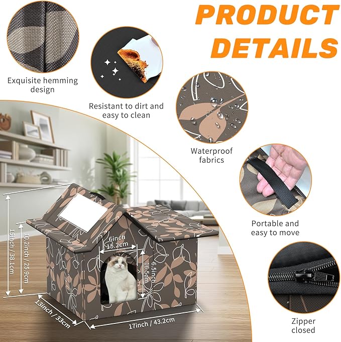 Outdoor Cat House Weatherproof, Large Feral Cat House for Winter, Collapsible Outdoor Cats Shelter in Winter with Door and Soft Mat, Easy to Assemble (Brown)