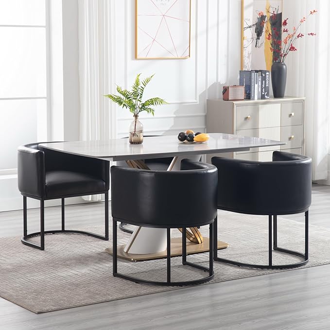 Faux Leather Dining Chairs Set of 4 Modern Barrel Arm Chairs with Black Metal Frame, Upholstered Kitchen Chairs 18.5" Wide Accent Chair for Living Room Dining Room Restaurant, Black