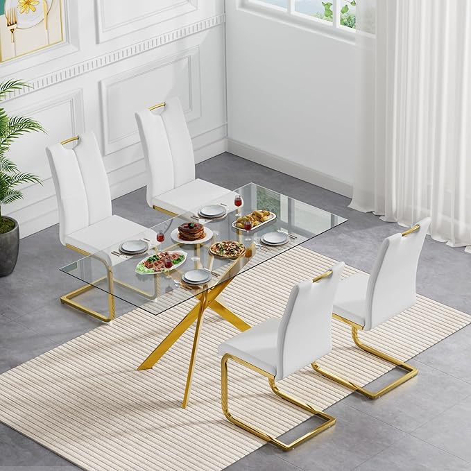 Modern Glass Dining Table Set for 4, Gold Glass Kitchen Table and Chairs Set of 4, 5 Piece Dining Room Table Set with 61" Rectangular Metal Glass Dinner Table and 4 White Leather Dining Chairs