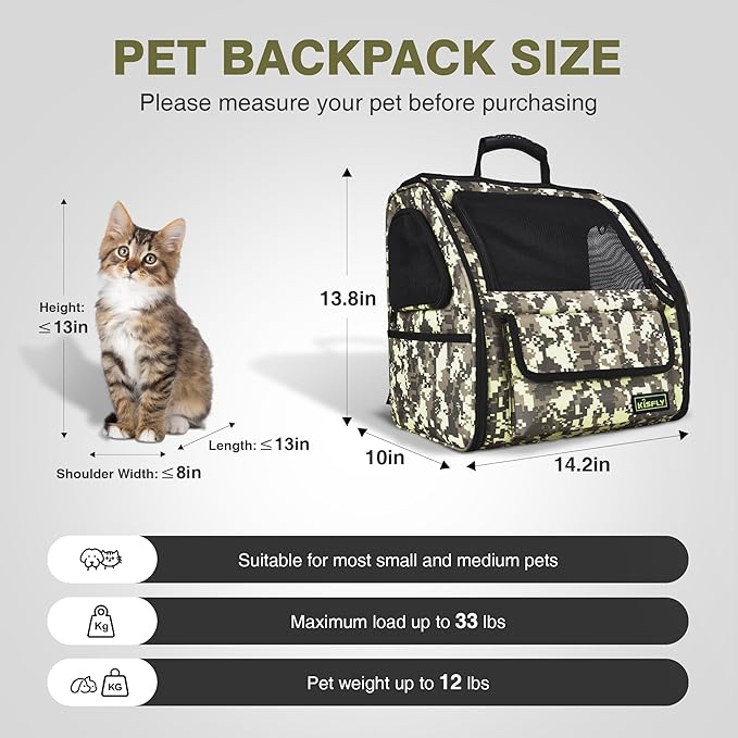 Collapsible Cat Backpack Carrier, Dog Backpack Carrier for Small Dogs Cats Up to 12 Lbs, Three-Sided Breathable Pet Backpack with Soft Padded, Designed for Outdoor and Travel Use, Camo