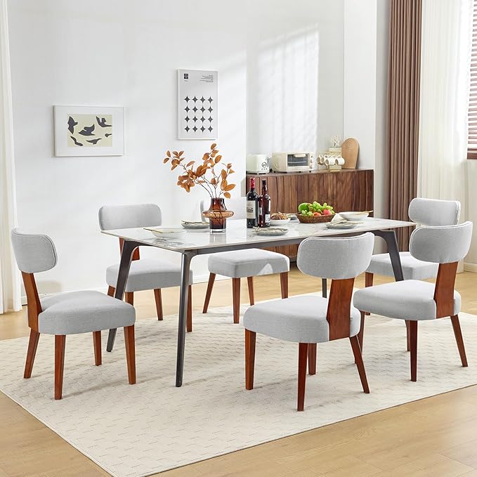 Dining Chairs Set of 6, Mid-Century Modern Upholstered Kitchen Chairs with Curved Backrest and Linen Fabric Seat, Wood Leg Accent Chairs for Dining Room, Living Room, Bedroom, Grey