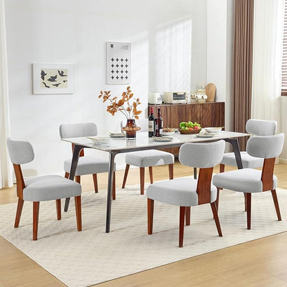 Dining Chairs Set of 6, Mid-Century Modern Upholstered Kitchen Chairs with Curved Backrest and Linen Fabric Seat, Wood Leg Accent Chairs for Dining Room, Living Room, Bedroom, Grey