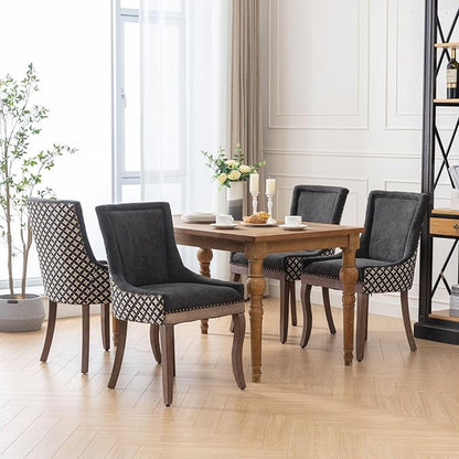 Farmhouse Dining Chairs Set of 6, Upholstered Fabric Dining Room Accent Chairs with Wood Legs & Bronze Nailhead, High Wingback Kitchen Chairs for Living Room Hotel Apartment, Black