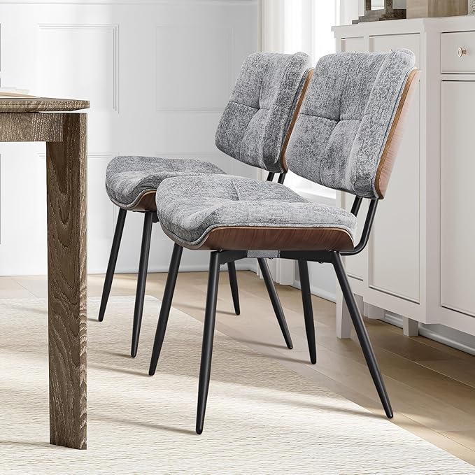 Dining Chairs Set of 2,Mid Century Modern Kitchen Chairs with Walnut Bentwood Back and Metal Legs,Upholstered Fabric Dining Room Chairs for Kitchen, Living Room,Grey