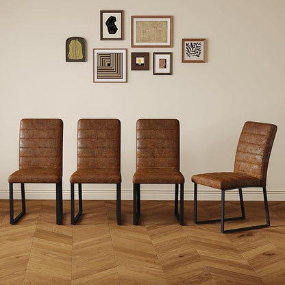 Modern Dining Chairs Set of 4, White Faux Leather Kitchen Chairs, Upholstered Armless Dining Room Chair with Gold Mental Legs Heavy Duty, Comfortable (Brown Chiars, Set of 4)