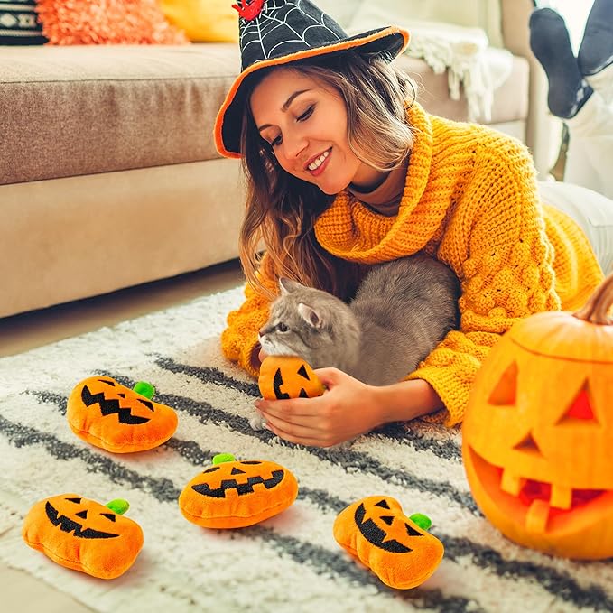 MALLMALL6 Catnip Toys for Cat - 5Pcs Halloween Pumpkin Jack O Lantern Catmint Interactive Kitten Toy for Indoor Kitty, Soft Orange Kitten Teething Chew Supplies Set, Pet Gifts for Cat Lover