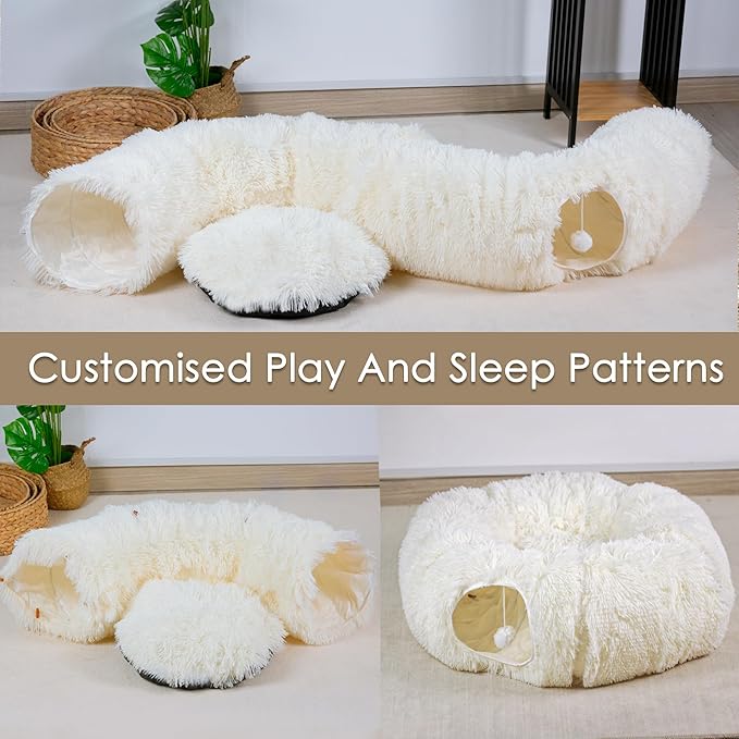 Cat Tunnel Bed for Indoor Cats, Peekaboo Cat Cave with Washable Soft Play Mat, Furry Cat Tube, for Kitten/Puppy/Rabbit, Beige