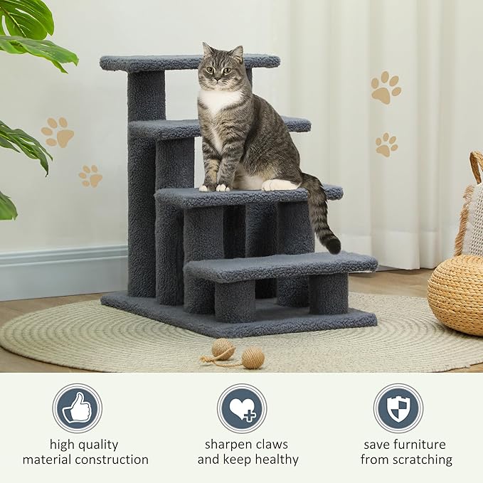 PawHut 25" 4-Step Multi-Level Carpeted Cat Scratching Post Pet Stairs - Gray