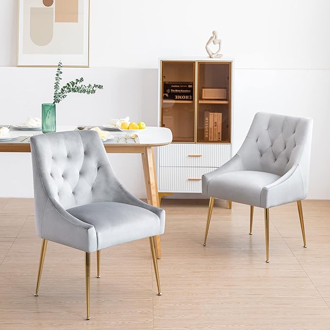 Modern Dining Chairs Set of 2, Mid Century Dining Chairs with 5.12” Cushions and Golden Legs, Velvet Upholstered Dining with Back Pull Rod, for Kitchen, Living Room, Grey