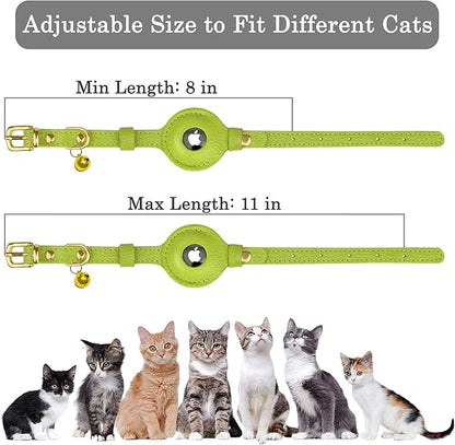 OOPSDOGGY Leather AirTag Cat Collar with Bell - Non Breakaway Kitten Collar with Apple Air Tag Holder - Lightweight GPS Pet Collars for Girl Boy Cats, Small Dogs, Puppies (Lime Green)