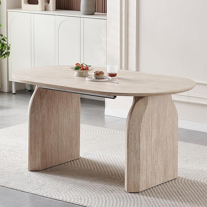 59"-90.5" Extendable Dining Table,Large Wood Dining Room Table with Slatted Pedestal Base,Rustic Oval Dining Table with Dual Pedestal Base(Easy to Assemble)