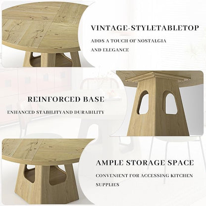 Round Dining Table for 4, Farmhouse 47 Inch Wood Dinner Tables with Storage Base for Kitchen Dining Living Room 4-6 People Gathering, Natural