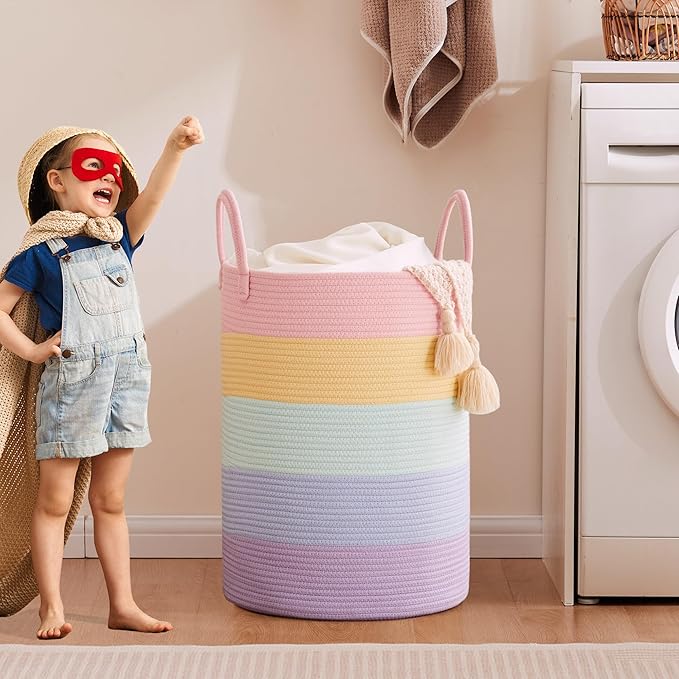 80L Extra Large Rainbow Baby Girls Hamper Laundry Basket for Kids Nursery Pastel Tall Blanket Basket for Toy Woven Rope Unicorn Clothes Hamper in Living Room Playroom Bedroom
