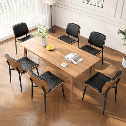 Dining Chairs Set of 4, Mid-Century Modern Upholstered PU Leather Chairs with Walnut Back and Metal Legs Adjustable Feet for Kitchen Dining Room, Black Diamond Plaid