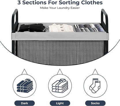 STO STO Laundry Hamper 3 Section, 120L Rolling Laundry Sorter Cart with Removable and Washable Liner Bag, Rolling Clothes Hamper with Metal Handle for Laundry Room and Bedroom, Gray