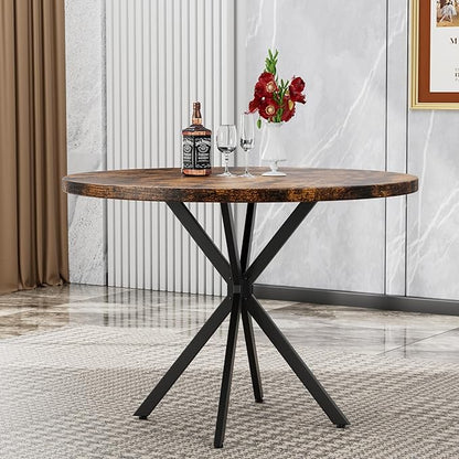 Round Dining Table: 39" Modern Brown Table with Black X Base for 4-5 People, Perfect for Small Spaces & Apartments