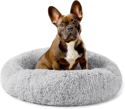 PetAmi Calming Dog Bed for Small Medium Dog Cat, Round Donut Dog Bed Washable, Fluffy Faux Fur Plush Cuddler Pet Kitten Cushion Bed, Anti-Slip, Fits up to 25 lbs, 23 inch, Light Gray