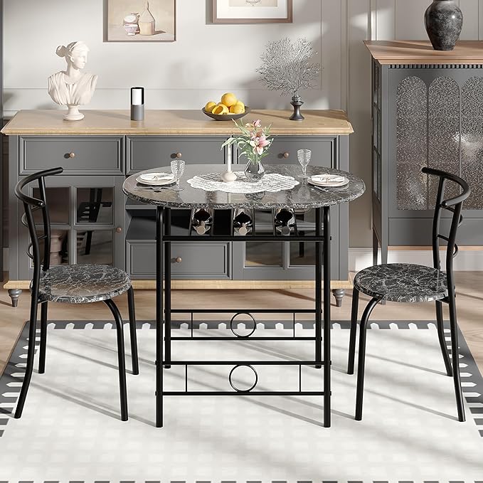 VECELO 3-Piece Dining Table Set for Kitchen Breakfast Nook, Wood Grain Oval Tabletop and Metal Frame with Built-in Wine Rack, for Small Spaces, Faux Marble & Black