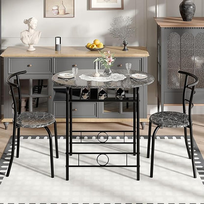VECELO 3-Piece Dining Table Set for Kitchen Breakfast Nook, Wood Grain Oval Tabletop and Metal Frame with Built-in Wine Rack, for Small Spaces, Faux Marble & Black