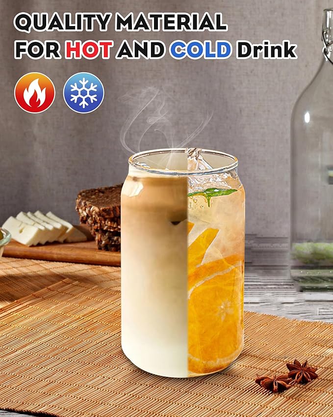 Drinking Glasses with Bamboo Lids and Glass Straw 8PCS Set, 16oz Glass Cups with Lids and Straws, Beer, Iced Coffee Glasses, Soda, Gift 2 Cleaning Brushes