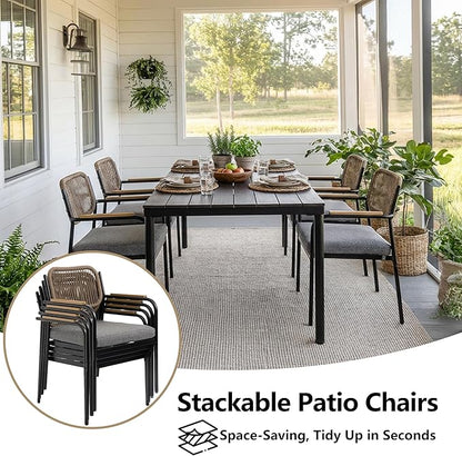 Outdoor Dining Chairs Set of 2, Wicker Patio Dining Chairs with Removable Cushions, Rectangle Patio Table Chair, All Weather Outdoor Chairs, Metal Lawn Chair for Adults/Indoor/Balcony, Gray