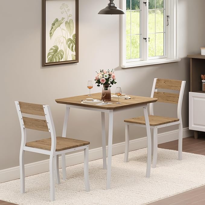 GAOMON Dining Table Set for 2, 3 Piece Small Kitchen Table and 2 Chairs with Metal Frame & Wood Grain Tabletop, Space-Saving for Small Space, Apartment, Kitchen, Dining Room, White/Natural