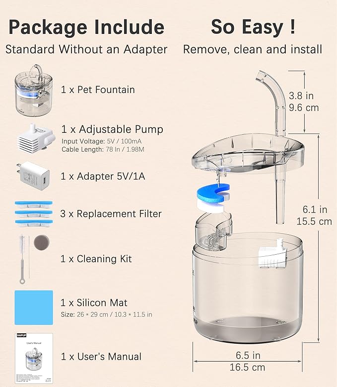 Cat Water Fountain Animal Water Dispenser 61OZ/1.8L Automatic Pet Drinking Fountain with 3 Filter Replacement 1 Pump 1 Cleaning Brush kit 1 Silicone Food Mat 1 Adapter for Cats Kitty Indoor