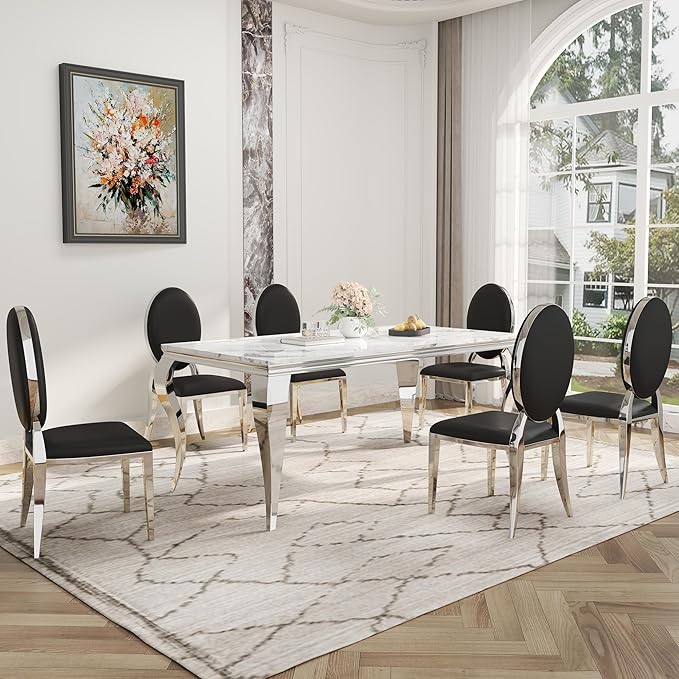7-Piece Dining Table Set for 6, Faux Marble Modern Dining Table Set with 6 Round Backrest Upholstered Chairs, 70“ Stainless Steel Legs Table & Chair Set for Kitchen, Black & Silver
