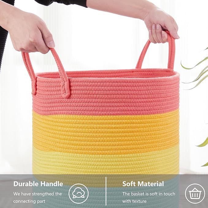 80L Extra Large Rainbow Laundry Hamper Basket for Girls Kids Tall Unicorn Baby Nursery Hamper for Clothes Woven Roper Blanket Toy Basket in Living Room Playroom Bedroom