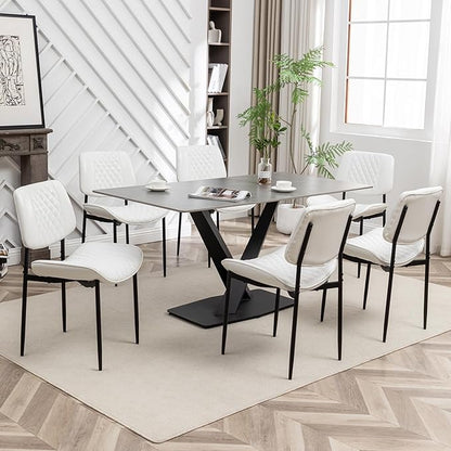 Modern Dining Chairs Set of 6, Leather Dining Chair with Metal Legs, Upholstered Dining Room Chairs for Dining Room, Kitchen, Vanity (White)