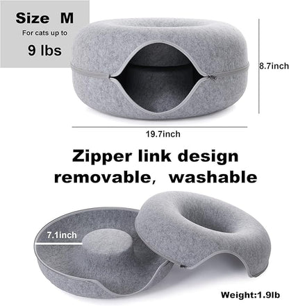 Cat Tunnel Bed for Indoor Cats with 3 Toys, Scratch Resistant Donut Cat Bed, Up to 9 Lbs (M 20x20x9, Light Grey)