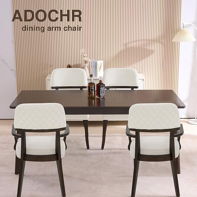 Modern Wood Dining Chairs with Arms Set of 4, Velvet Upholstered Kitchen Chairs with Open Curved Backrest & Black Hardwood Legs, Accent Chairs 350 LBS Capacity, White