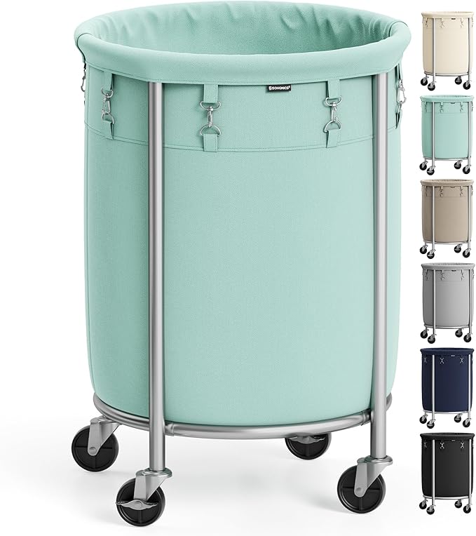 SONGMICS 29-Gallon (110 L) Laundry Basket with Wheels, Rolling Round Heavy-Duty Laundry Hamper Cart with Steel Frame and Removable Bag, 2 Locking Wheels, Mint Green and Metallic Silver URLS002C01