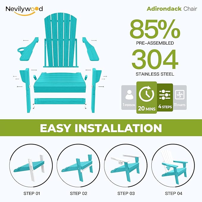 nevilywood Folding Adirondack Chair - Extended Ergonomic Backrest, Cup Holder - Easy Assembly - Durable HDPE Plastic, Weather Resistant & Maintenance-Free - Lawn, Patio, Deck Supports 380lbs Aruba